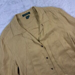 Lauren Ralph Lauren Women Linen Herringbone Camp Collar Button Down Shirt XL Tan